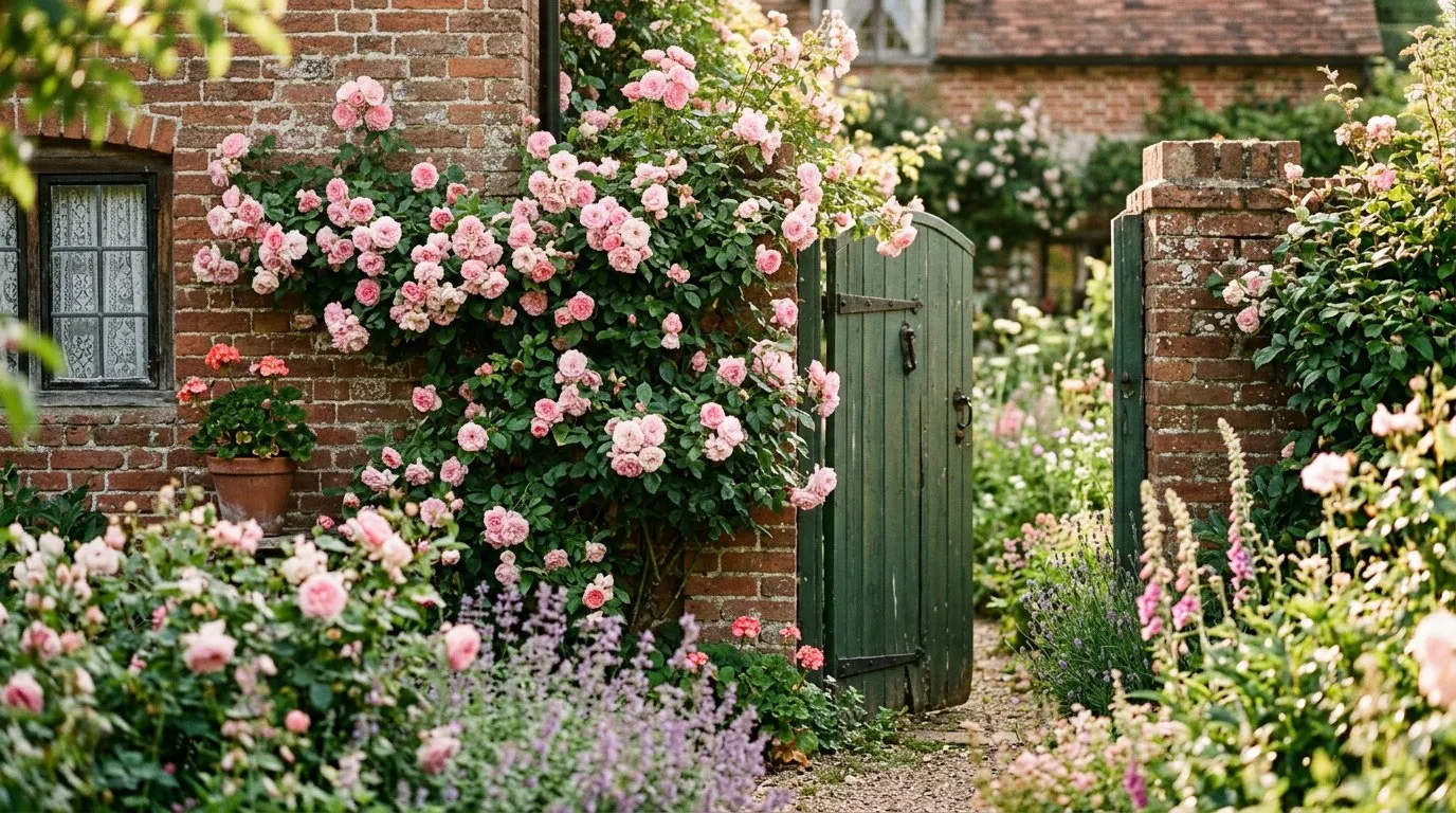 Pink climbing roses in bloom on a brick cottage wall with a green garden gate