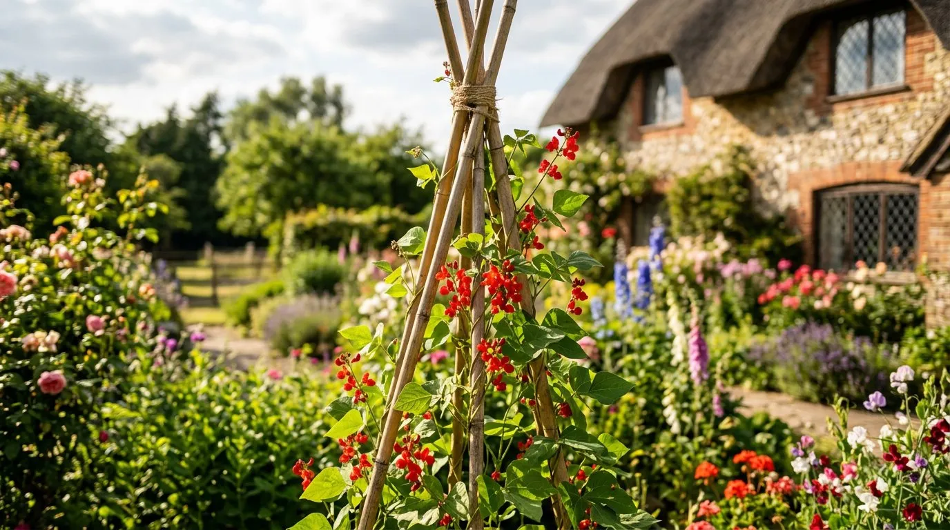 Runner bean plants with red flowers climbing bamboo cane supports in a cottage garden