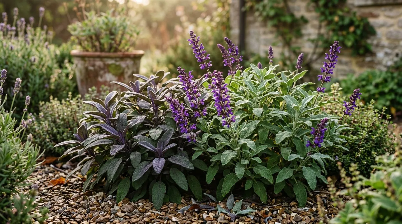 Purple sage and common green sage growing together in a UK herb garden with velvety textured leaves