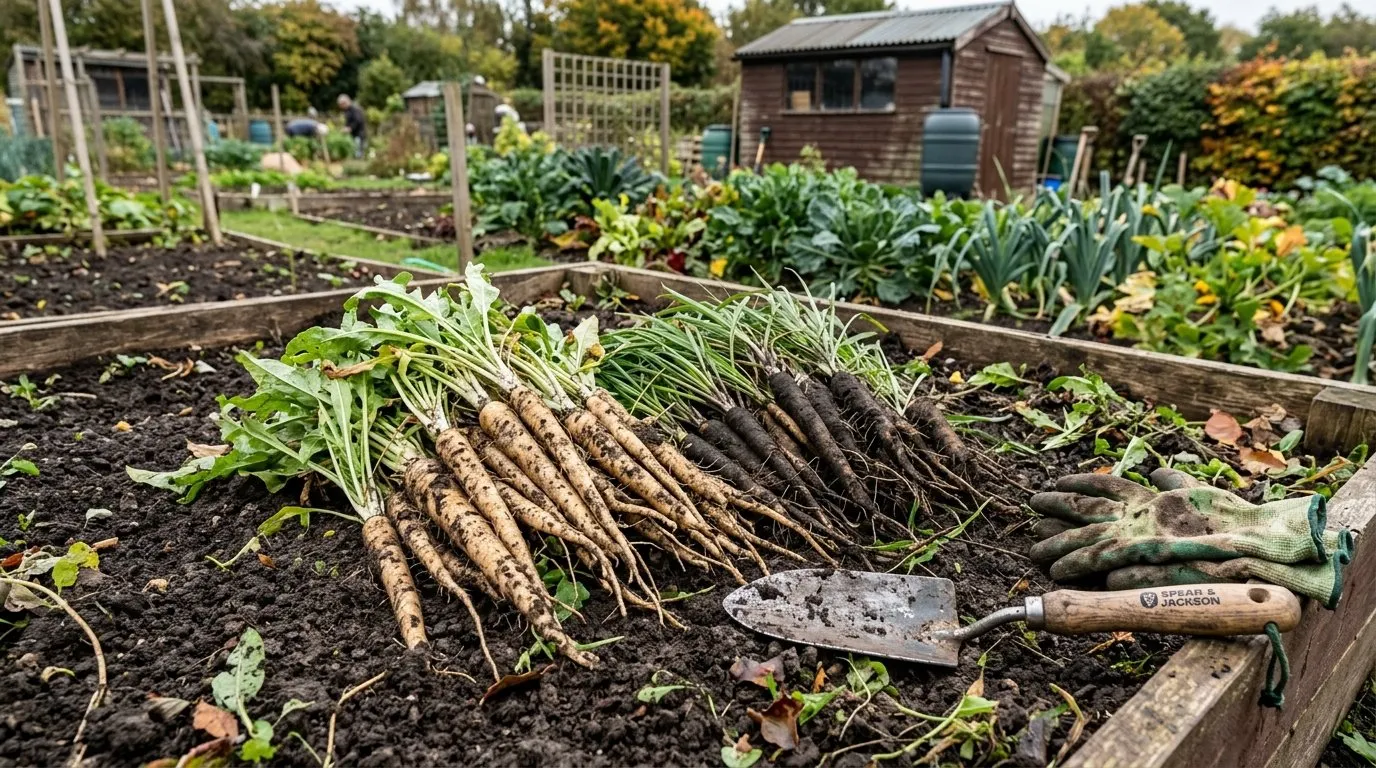 Salsify and scorzonera root vegetables freshly harvested from soil in a UK allotment