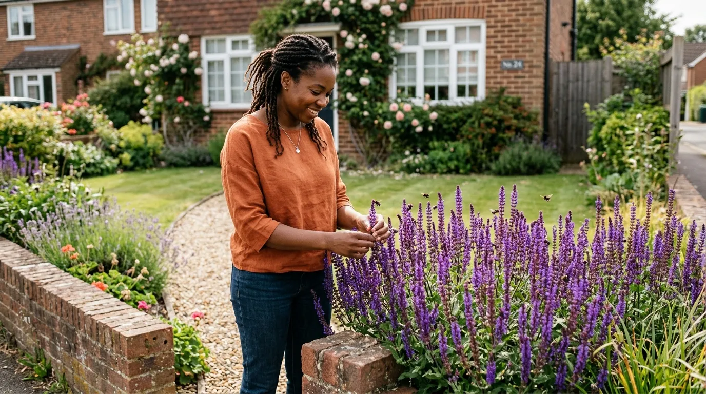 Grow salvia UK showing purple Salvia nemorosa Caradonna in suburban border with bees
