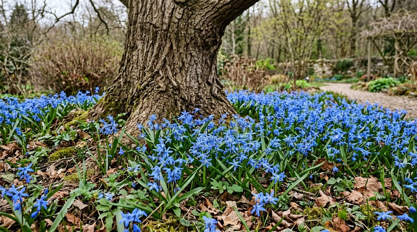 Intense blue scilla siberica bulbs flowering under a tree in early spring