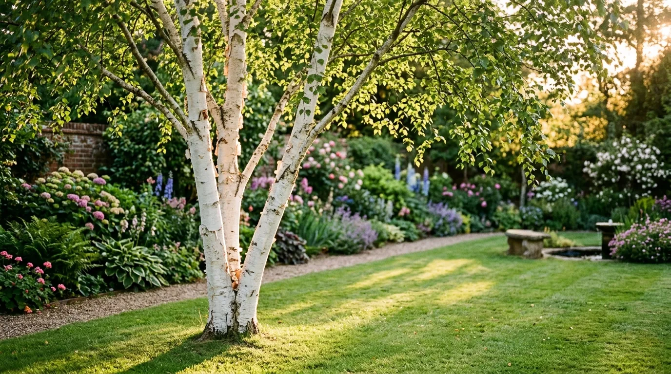Silver birch trees with white peeling bark growing in an English garden border in spring sunlight