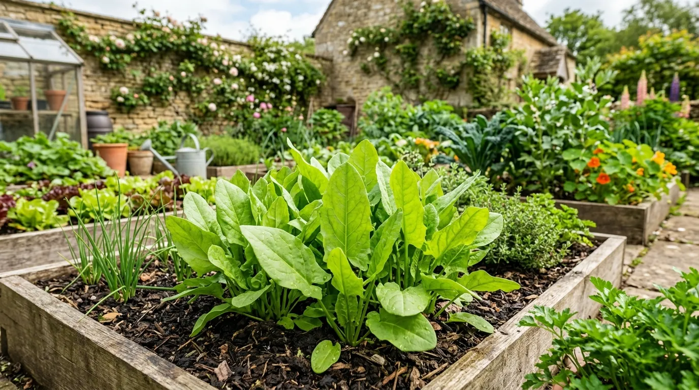 Fresh green sorrel leaves growing in a UK kitchen garden