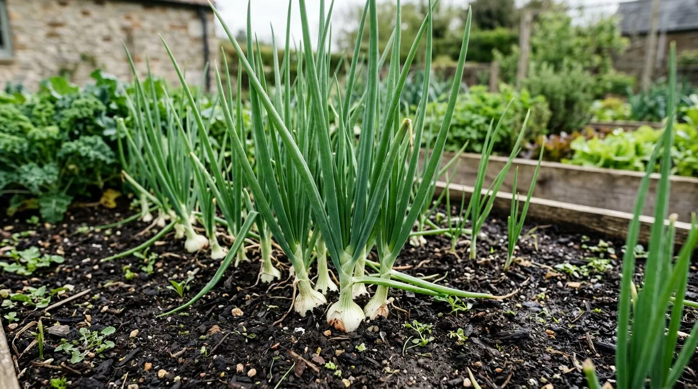 Fresh spring onions with white bulbs and green stems in a kitchen garden