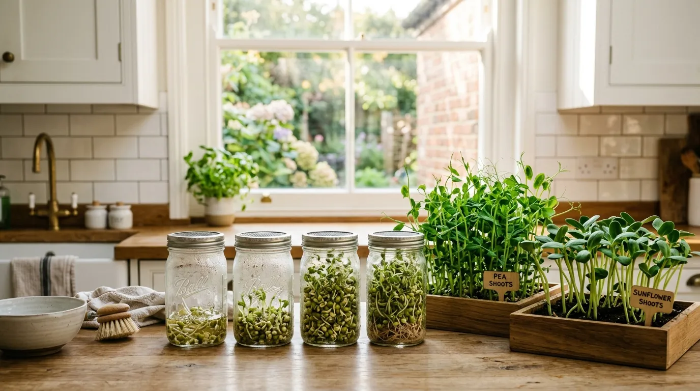 Sprouts and shoots growing in jars and trays on a UK kitchen windowsill