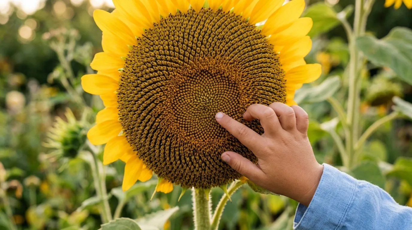 Sunflower seed head showing Fibonacci spiral patterns with a child's hand pointing at the seeds