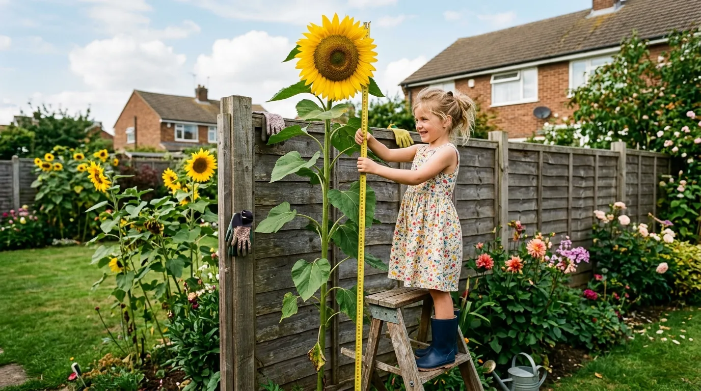 Children measuring a tall sunflower with a tape measure against a garden fence in the UK