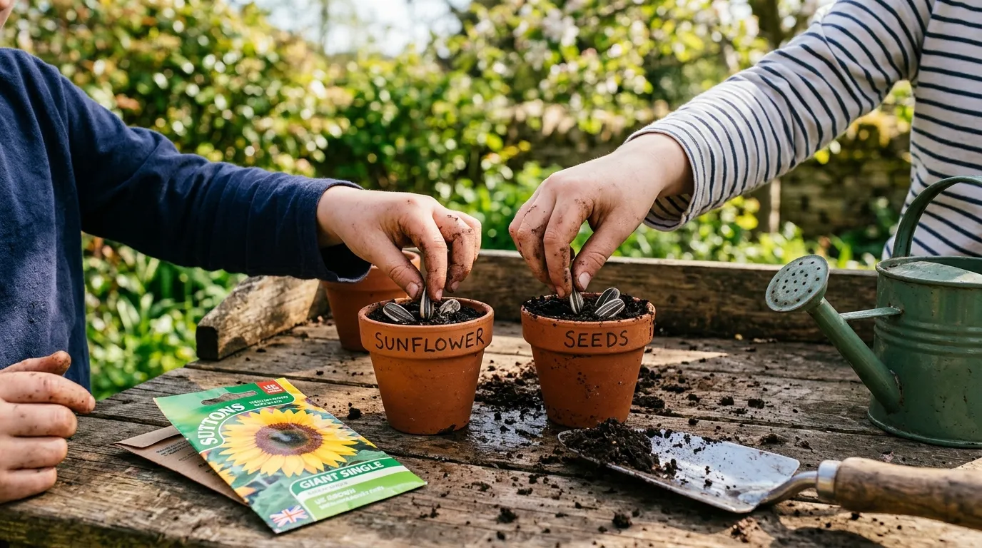 Children planting sunflower seeds in pots in a bright UK garden with compost and watering cans