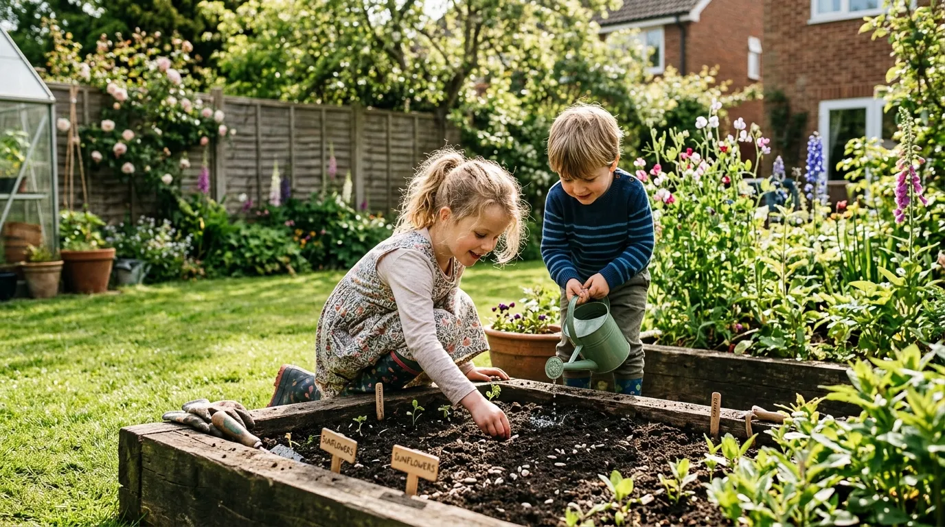 Children growing sunflowers together in a sunny UK garden with tall golden blooms