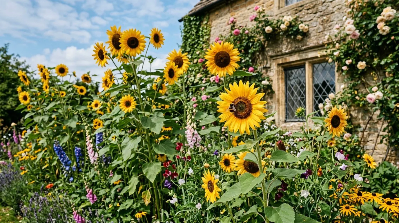 Tall golden sunflowers growing in a sunny UK cottage garden border with blue sky