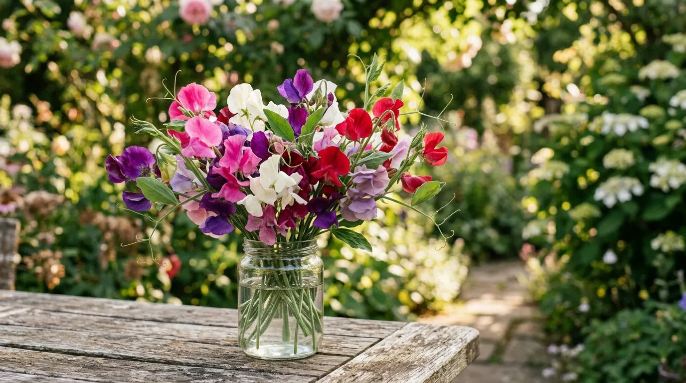 A colourful bunch of freshly cut sweet peas in a glass jar on a garden table