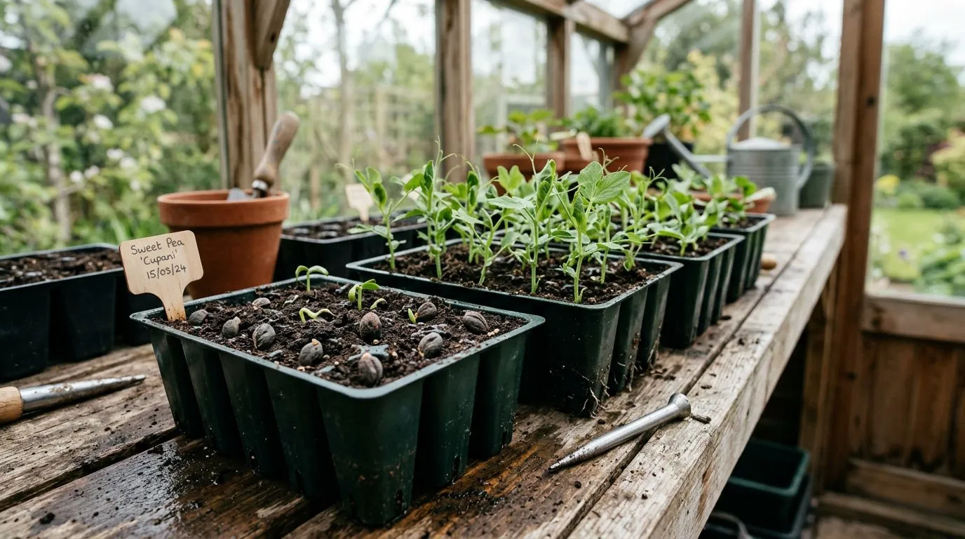 Sweet pea seeds and seedlings in root trainers on a greenhouse bench