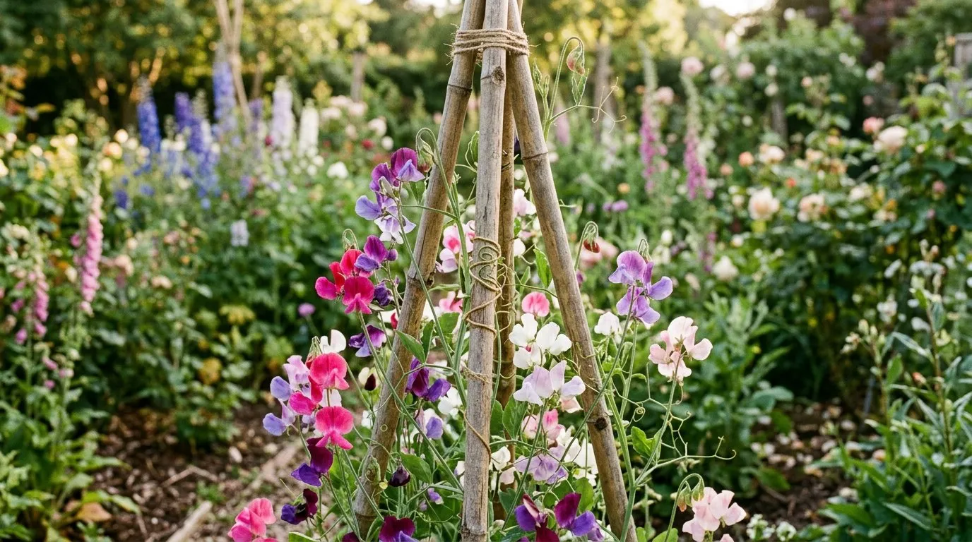 Sweet peas growing up a cane wigwam support in a cottage garden border