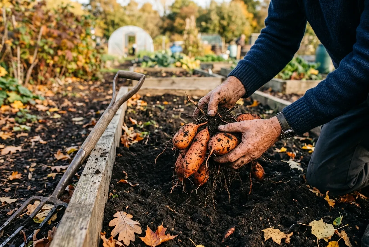 Hands harvesting orange sweet potatoes from a raised bed in an autumn UK allotment