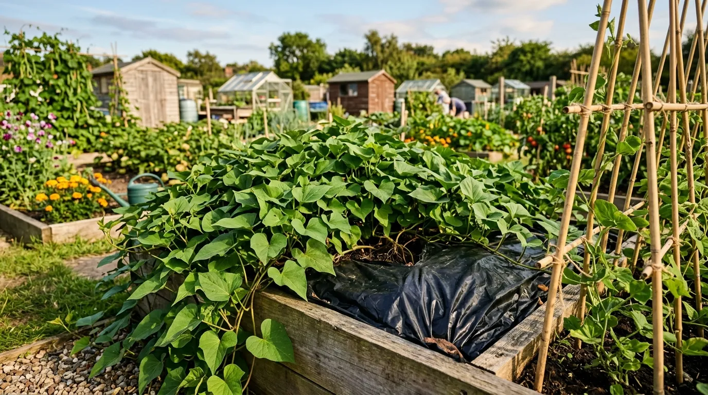 Sweet potato plants with trailing vines growing in a raised bed on a UK allotment in summer