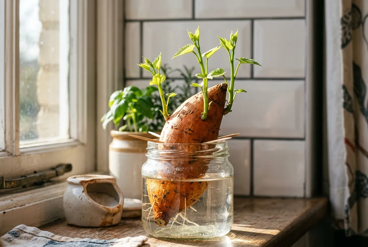 Sweet potato slips sprouting from a tuber in water on a UK kitchen windowsill in spring