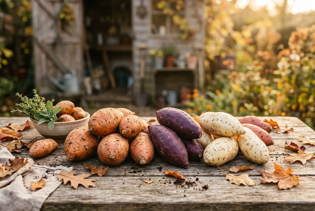 Different sweet potato varieties including orange Beauregard and purple Murasaki on a garden table