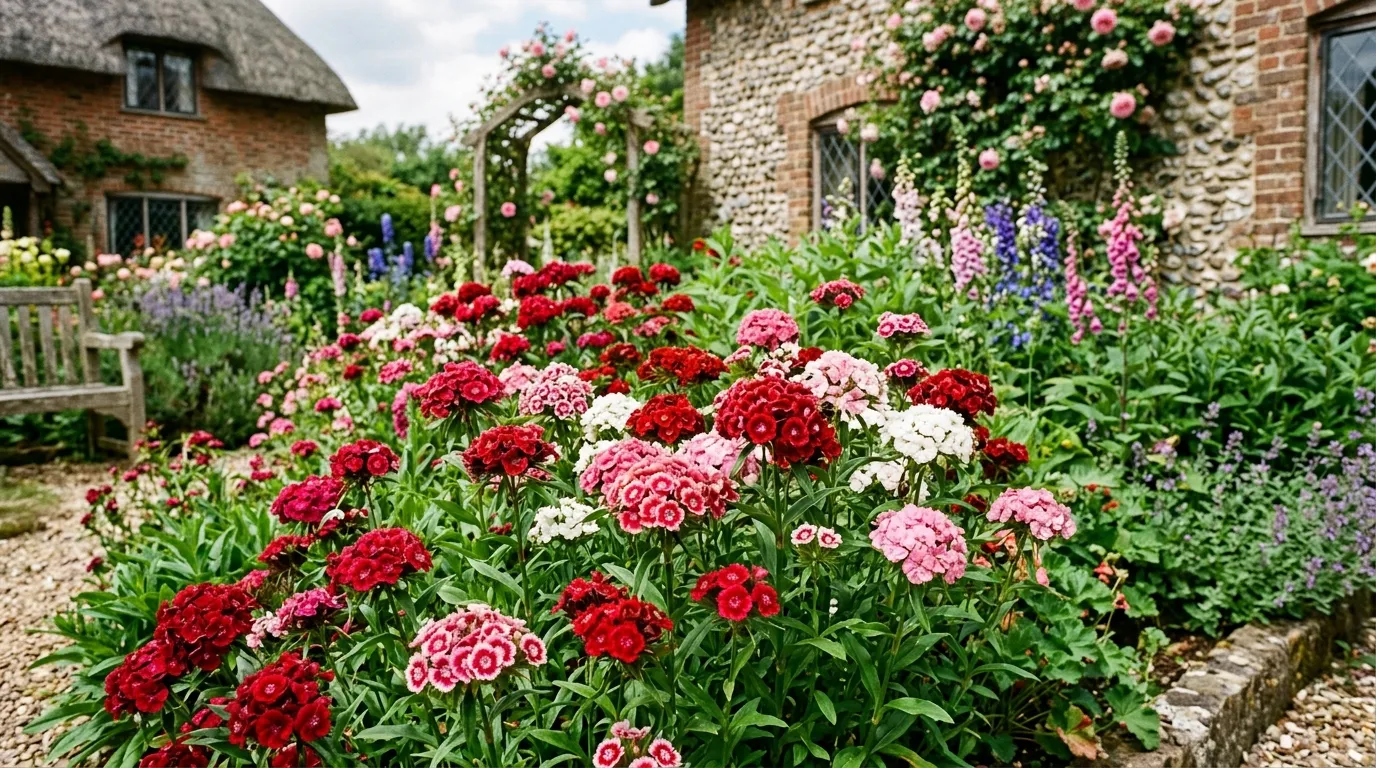 Colourful sweet william flowers in reds pinks and whites in a UK cottage garden