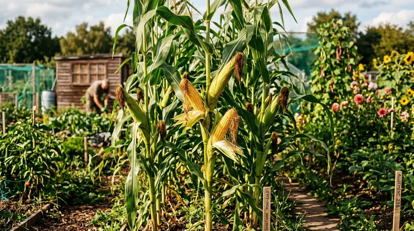 Tall sweetcorn plants with ripe golden cobs in a UK allotment