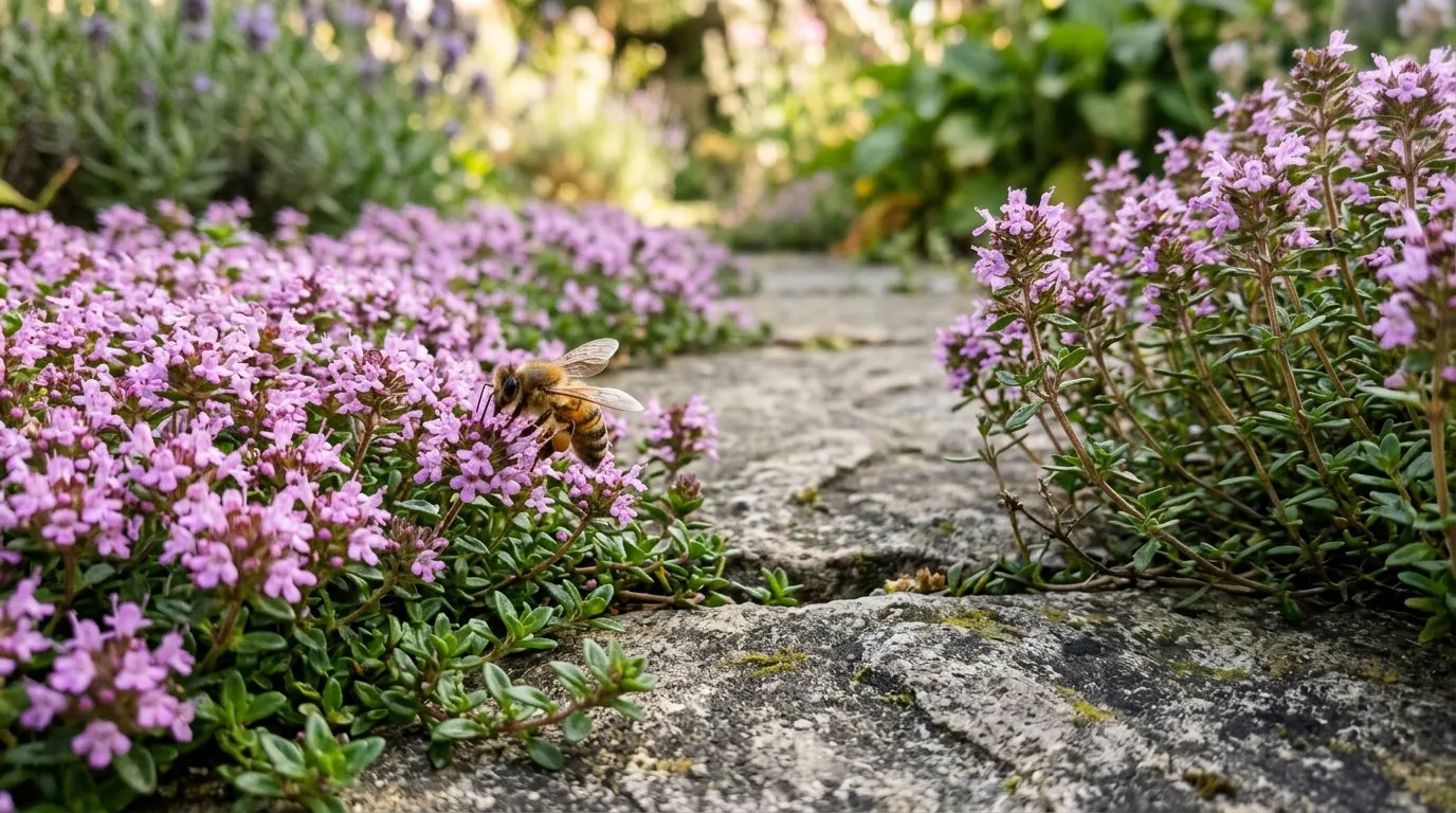 Creeping thyme and upright thyme growing between stone paving slabs with tiny pink flowers