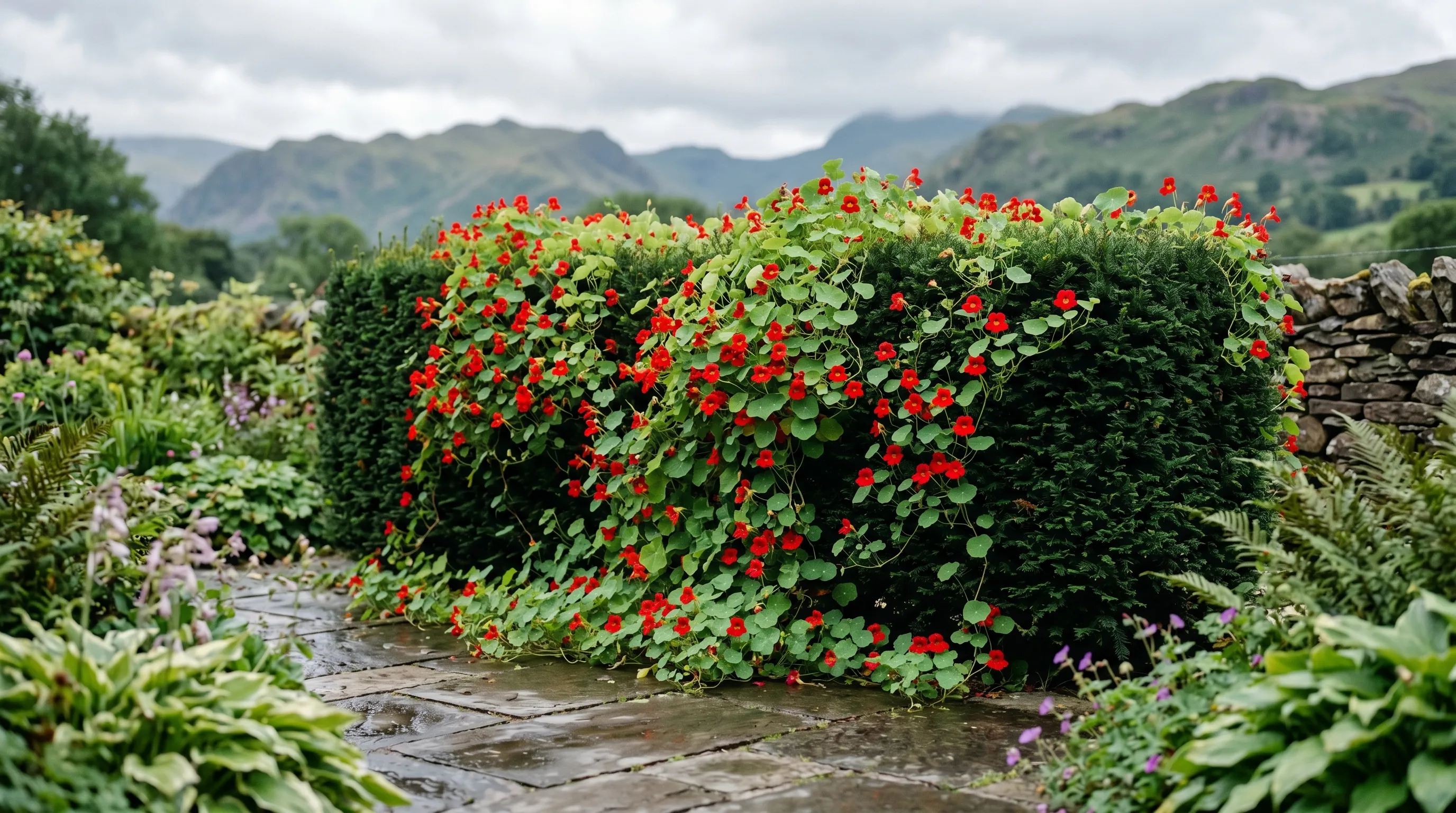 Mature Tropaeolum speciosum covering 2 metres of dark yew hedge in mid August in a Lake District country garden