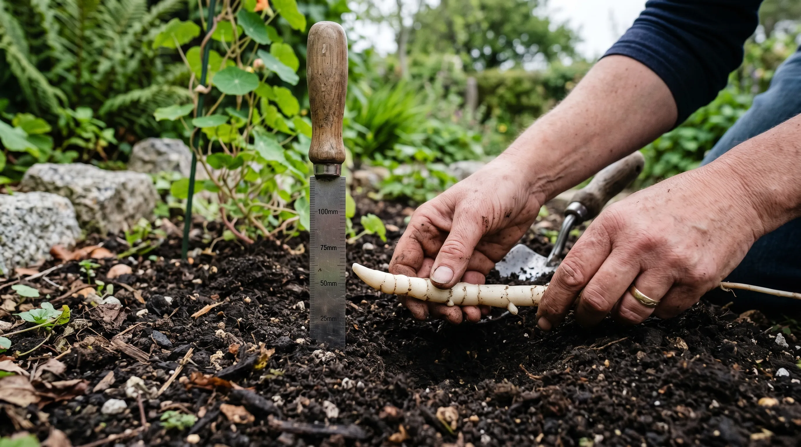 Gardener's hands placing a Tropaeolum speciosum rhizome horizontally at 75mm depth in acidic leaf mould soil