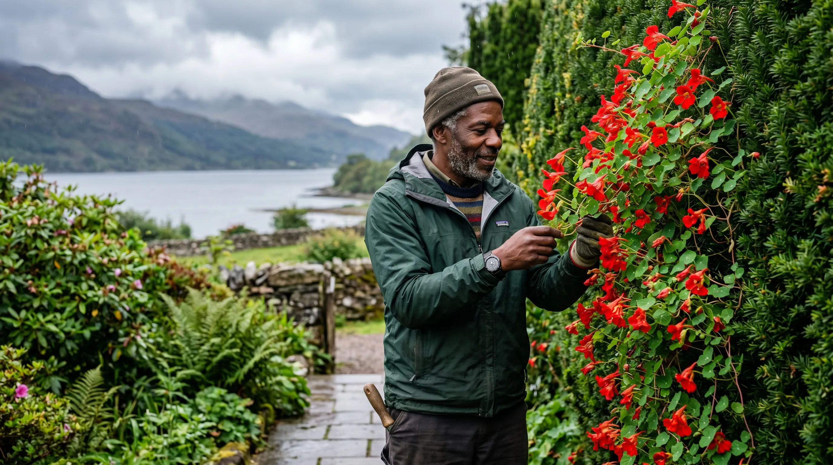 Black gardener inspecting a Tropaeolum speciosum scrambling over a yew hedge on the west coast of Scotland