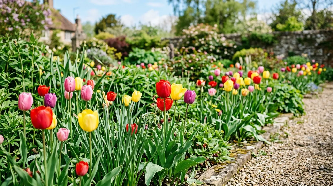 Mixed colour tulips blooming in a spring garden border