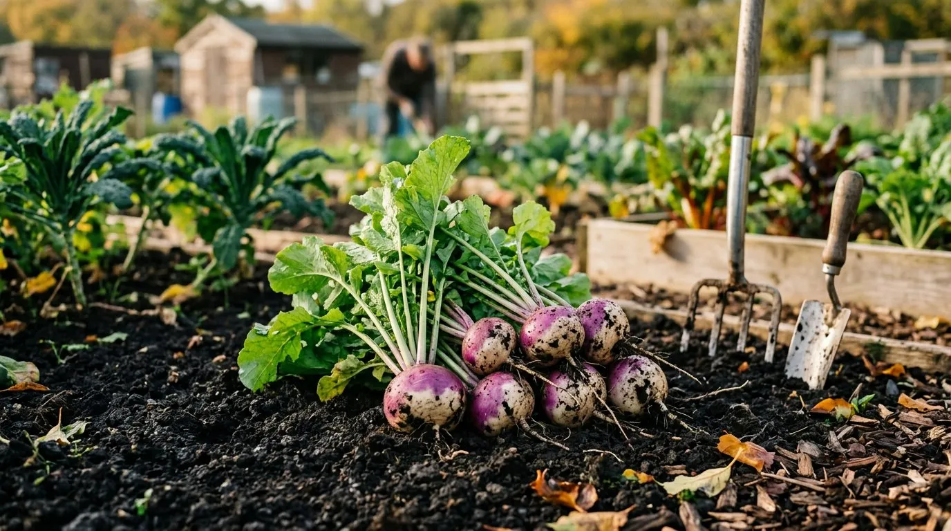 Purple and white turnips freshly harvested from soil with green tops