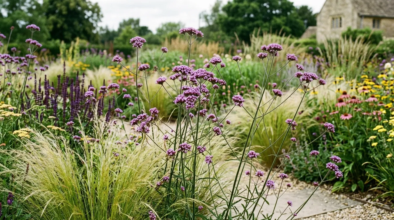 Purple Verbena bonariensis flower clusters on wiry stems in a UK prairie garden