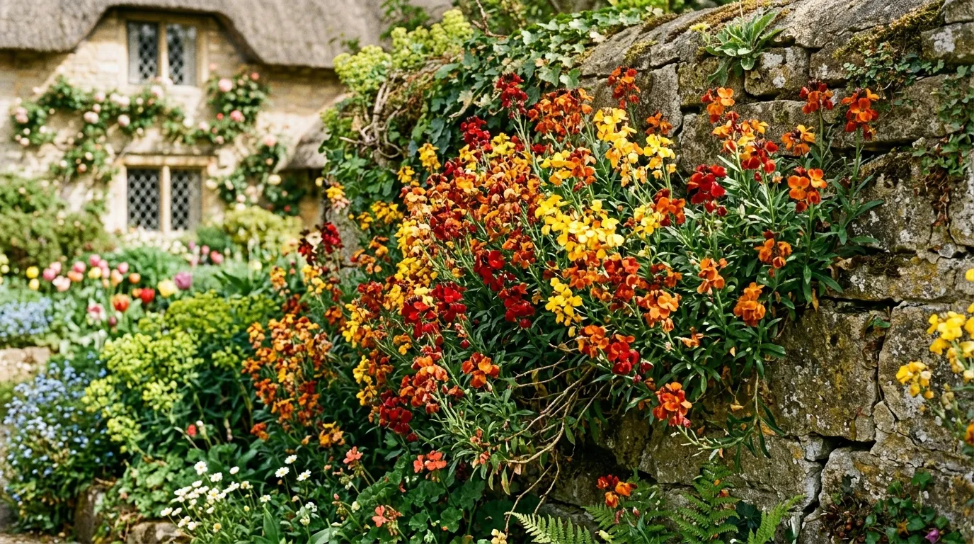 Vibrant wallflowers in mixed colours growing against an old stone wall in a UK cottage garden