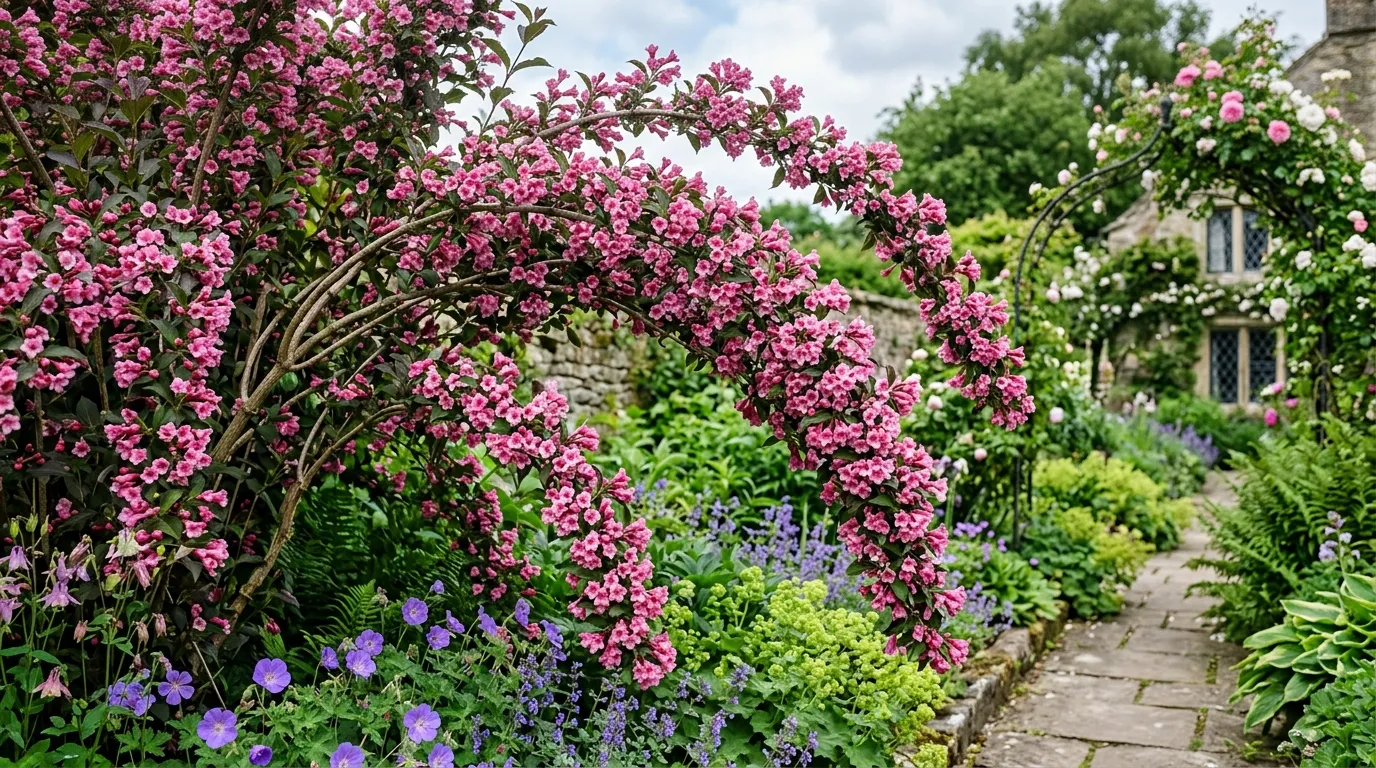 Pink weigela flowers cascading from an arching shrub in a UK garden