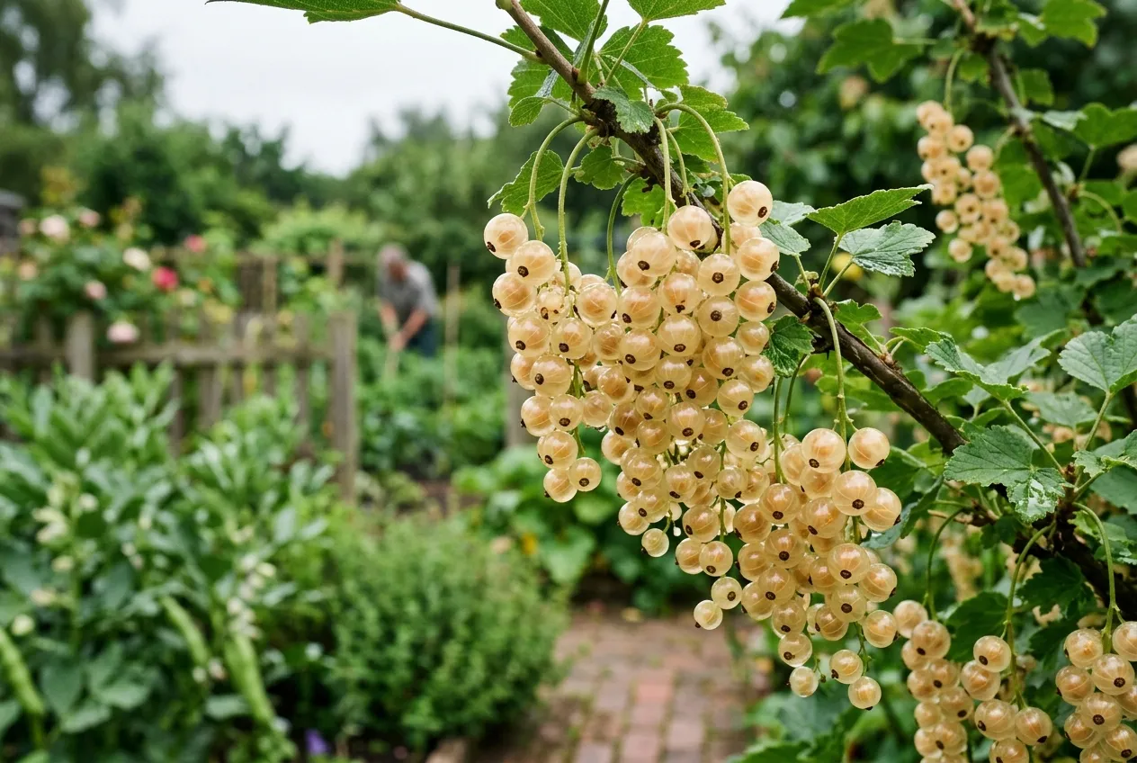 White currant berries in translucent clusters ripening on the bush in a UK garden in July