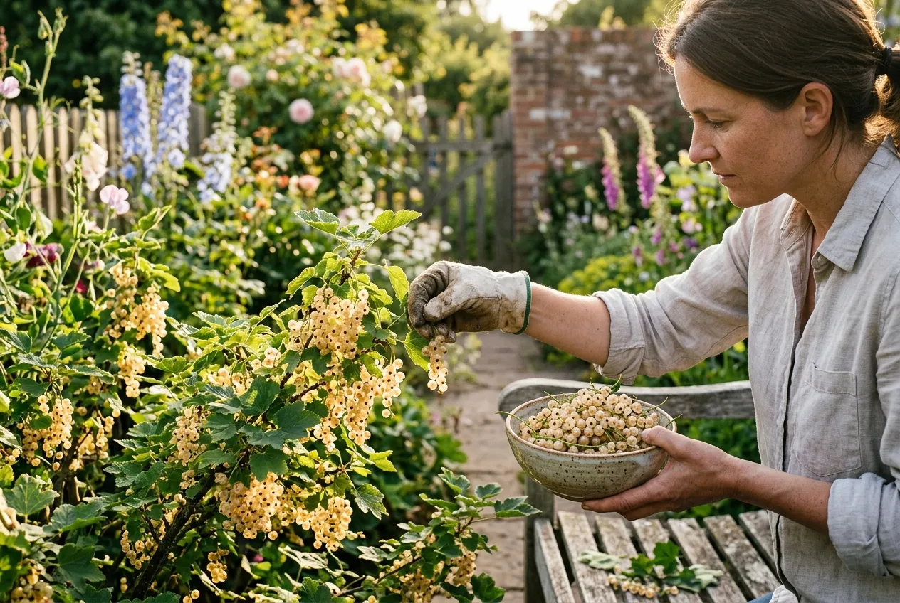 White currant harvest being stripped from the strig into a bowl in a UK garden