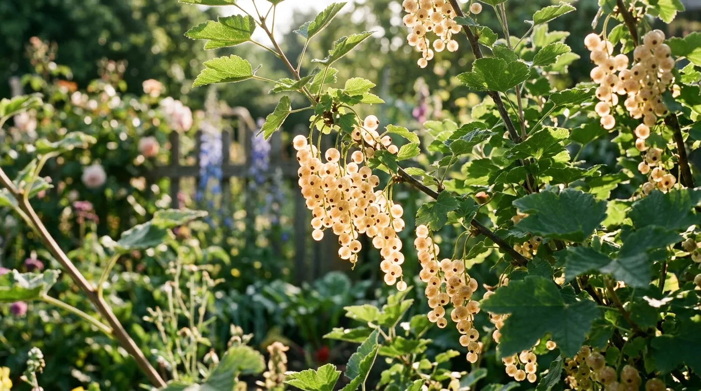 Translucent white currant berries hanging in ripe clusters on a bush in a UK kitchen garden