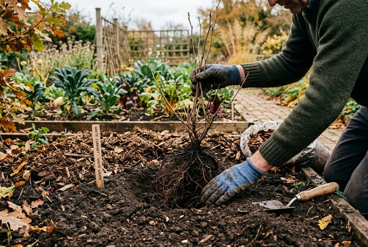 Bare-root white currant bush being planted in a UK kitchen garden in November