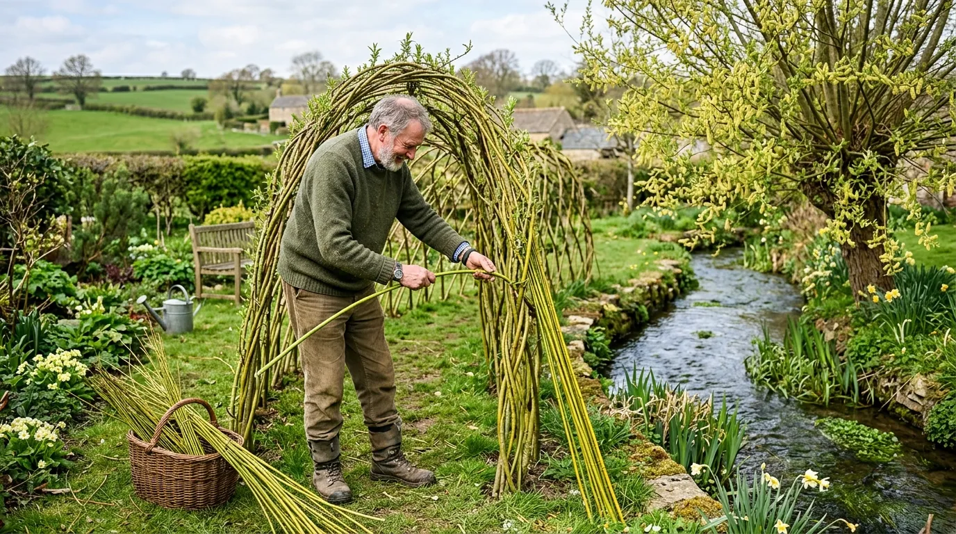 Grow willow UK showing living willow arch being woven in a rural English garden beside a stream