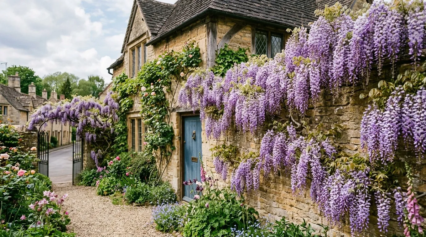 Wisteria in full bloom with long purple racemes cascading over a stone cottage wall