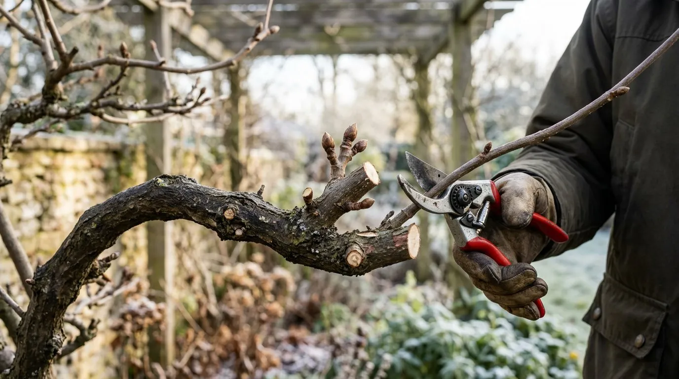 Close-up of wisteria being winter-pruned showing short spurs cut to 2-3 buds