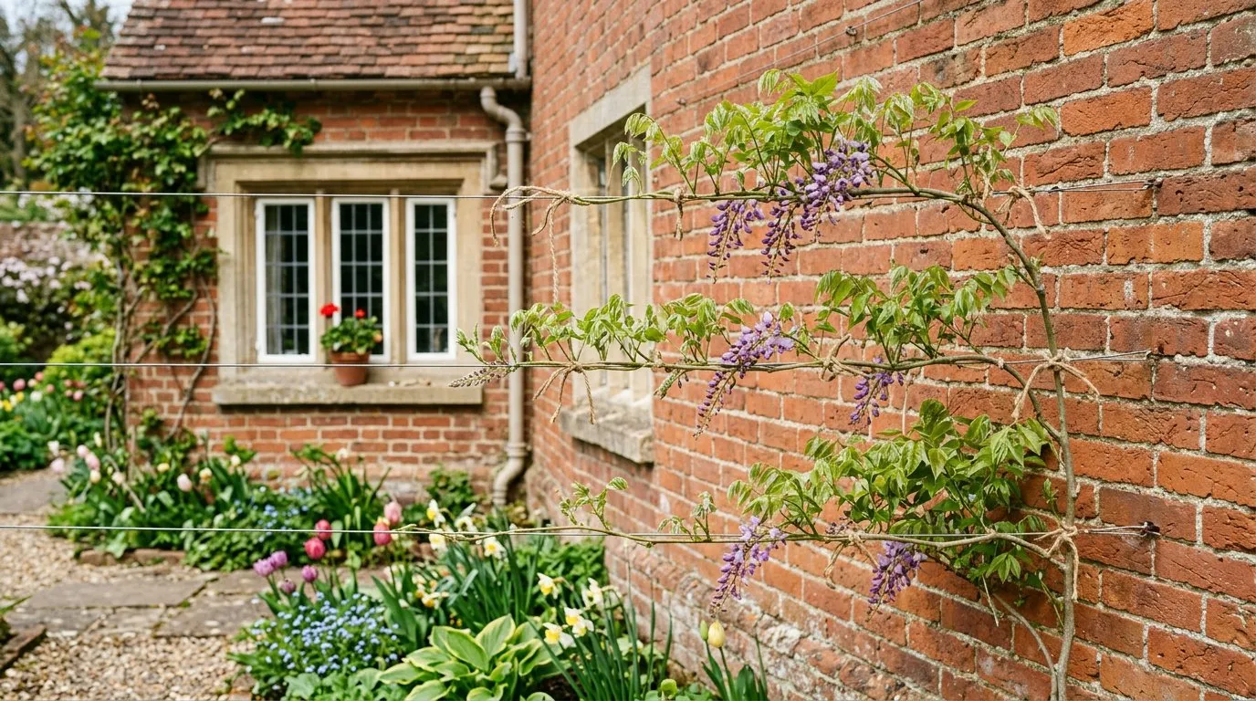 Wisteria being trained along horizontal wires on a south-facing brick wall