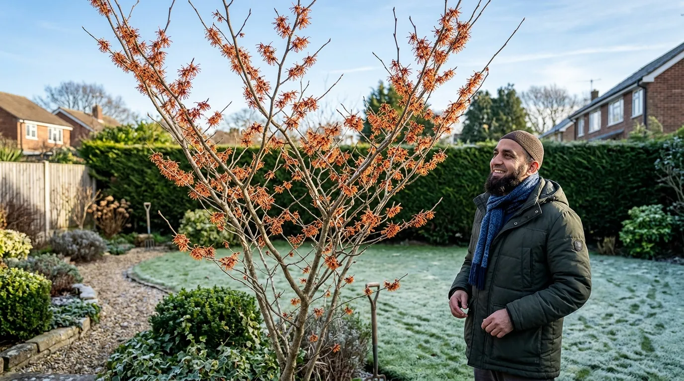 Grow witch hazel UK showing Hamamelis Jelena in winter flower