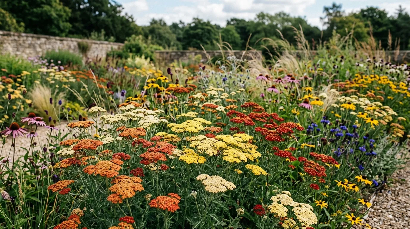 Yarrow achillea flat flower heads in mixed colours growing in a UK prairie style garden