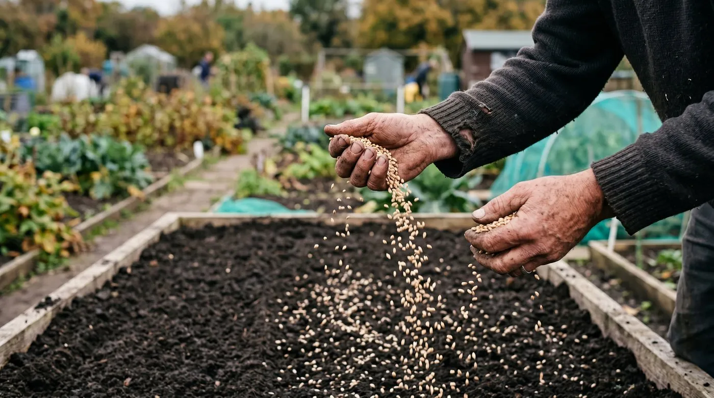 Sowing winter wheat seed by hand into a prepared raised bed on a UK allotment in autumn