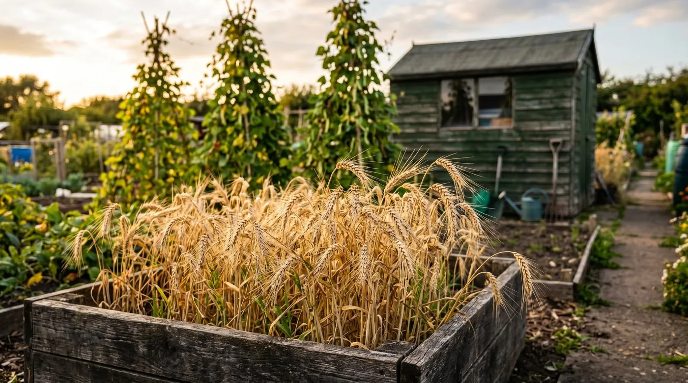 A small patch of ripe golden wheat growing in a UK allotment raised bed in late summer