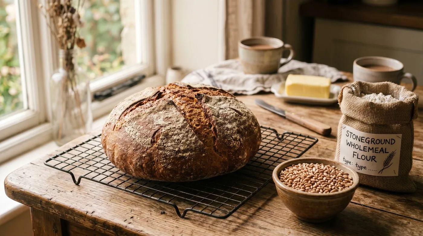 A finished loaf of wholemeal bread baked from home-grown and home-milled wheat flour