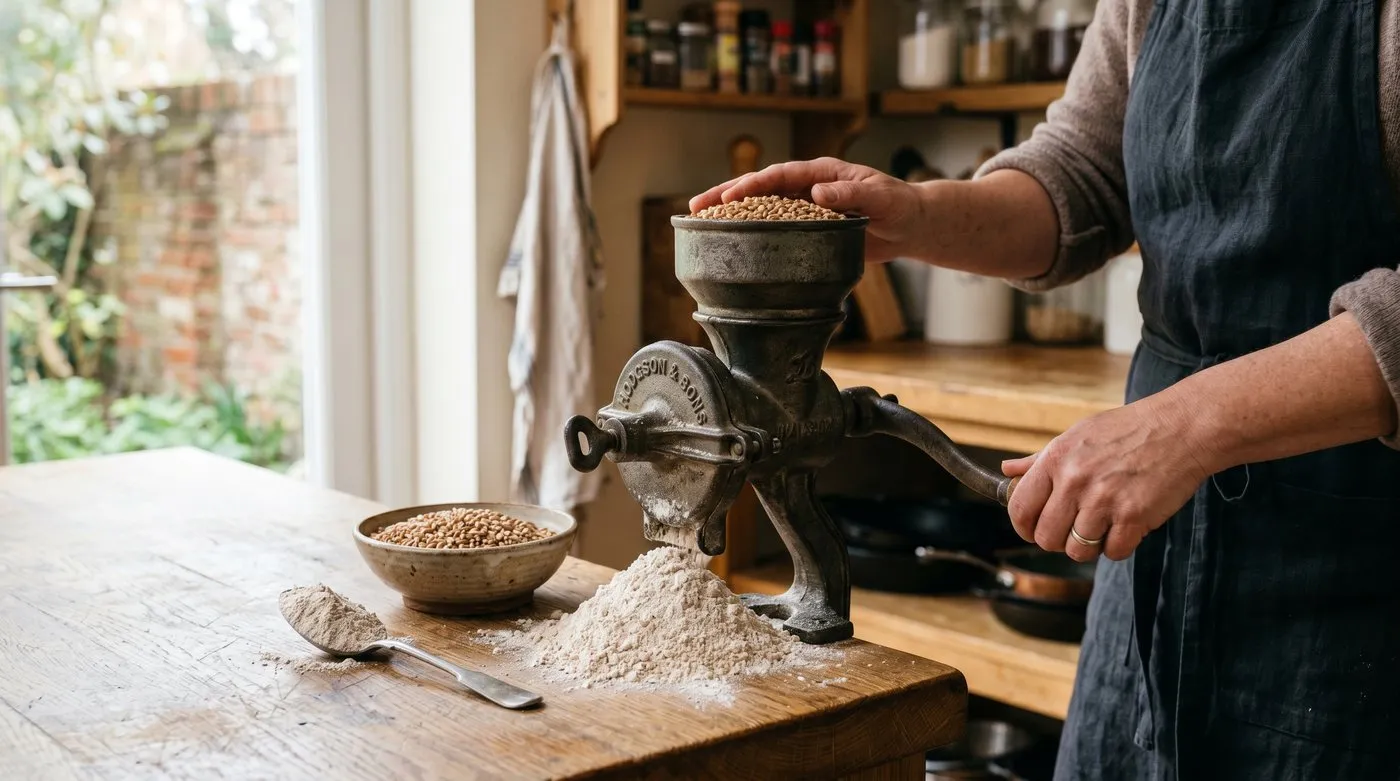 A cast-iron hand mill grinding home-grown wheat grain into wholemeal flour on a kitchen worktop