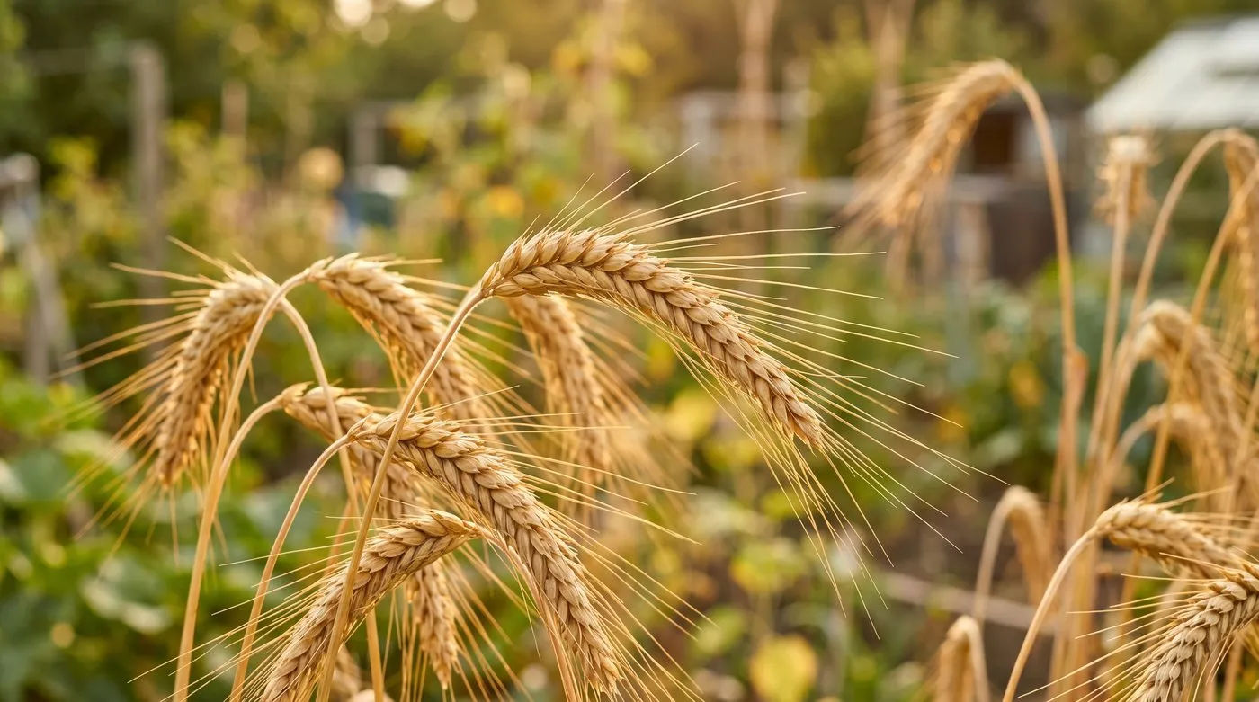 A close-up of ripe golden wheat ears ready for harvest in a UK garden in August