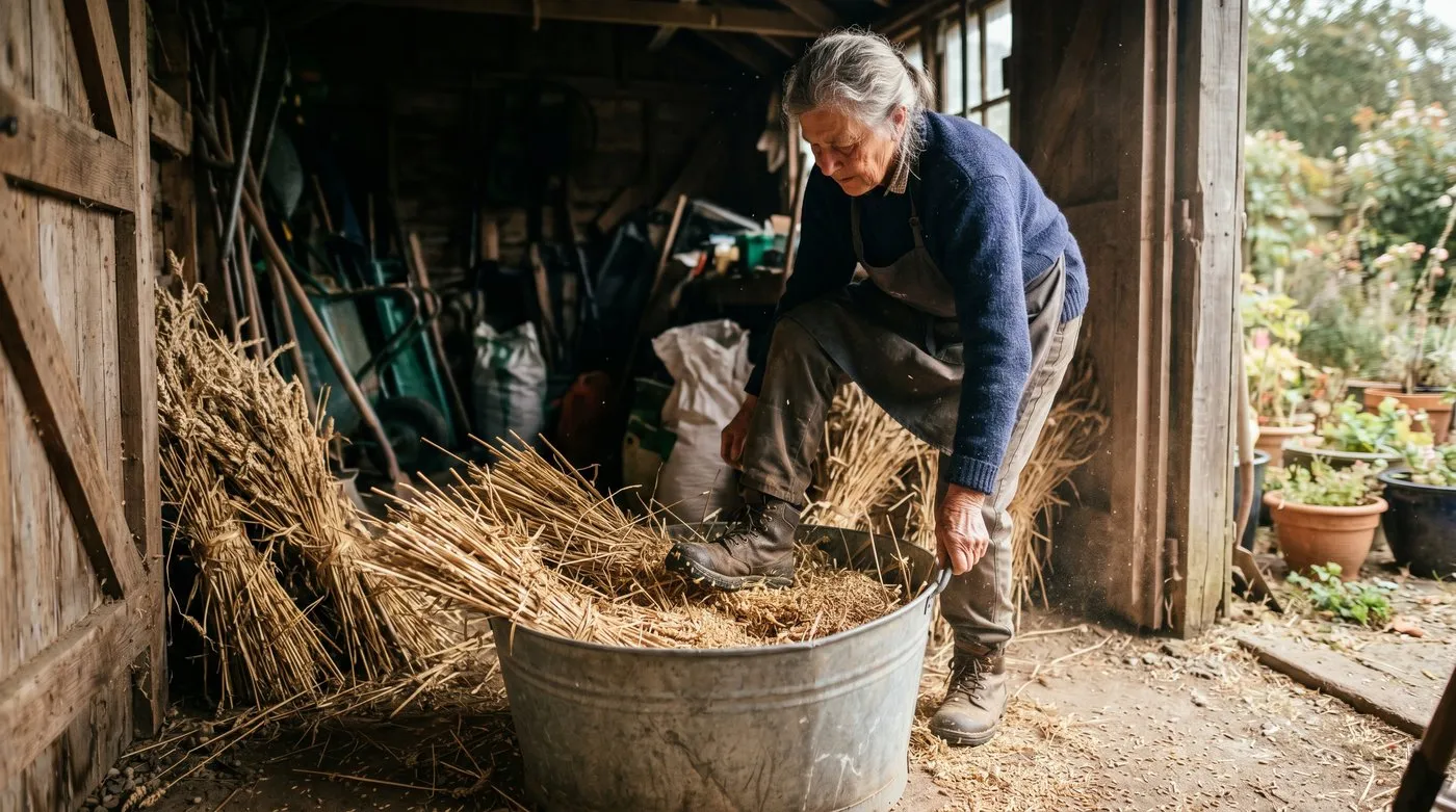 Hand-threshing dried wheat sheaves by stamping them in a galvanised bucket in a shed doorway