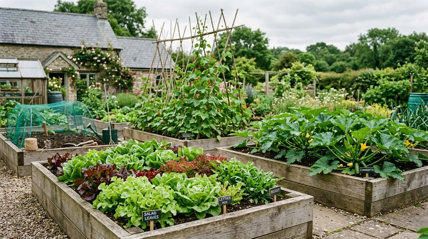 A UK vegetable garden in early summer with raised beds of lettuce, beans on wigwams, and courgette plants